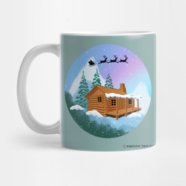 Santa and Reindeer Flying Over A Cabin in the Woods by Whitetop Arts